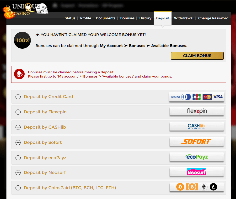 Payment Options At Unique Casino